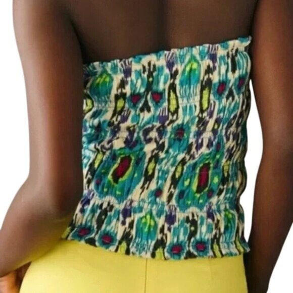 Anthropologie Green Ikat Print Smocked Tube Top - Picture 2 of 6